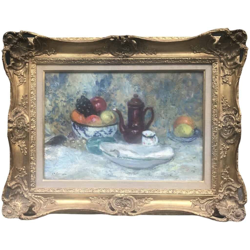 CAMOIN Charles Painting 20th century Still life Fruit bowl and coffee maker Oil on canvas signed 11