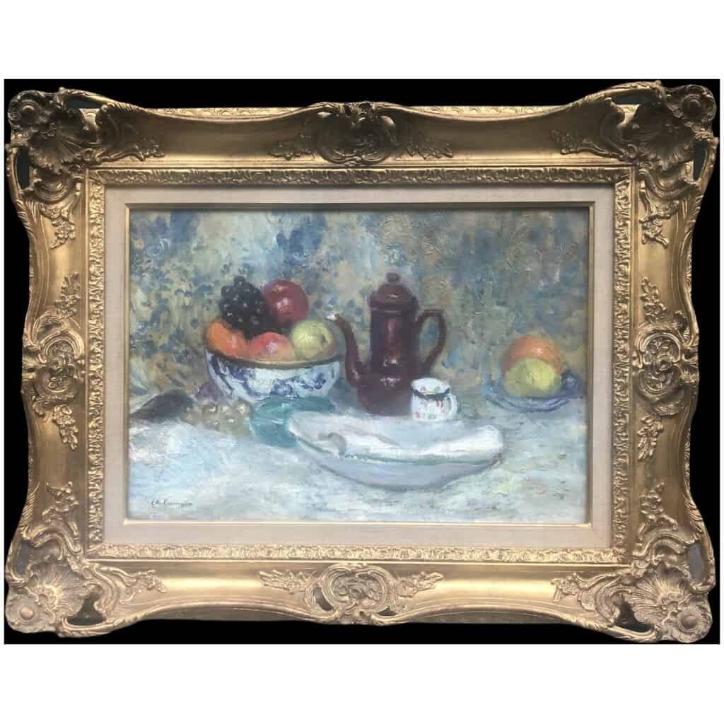 CAMOIN Charles Peinture 20è siècle Nature morte Coupe de fruits et cafetière Huile sur toile signée 3