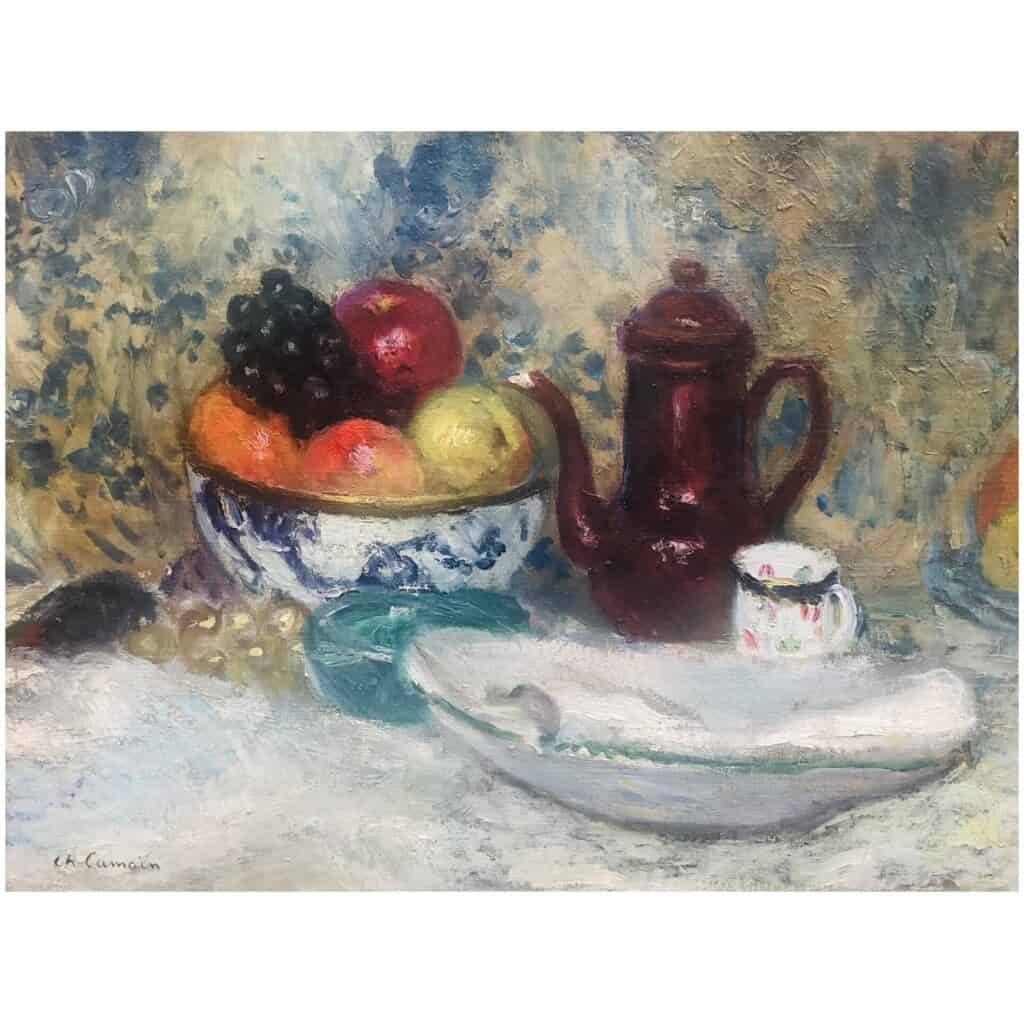 CAMOIN Charles Peinture 20è siècle Nature morte Coupe de fruits et cafetière Huile sur toile signée 9