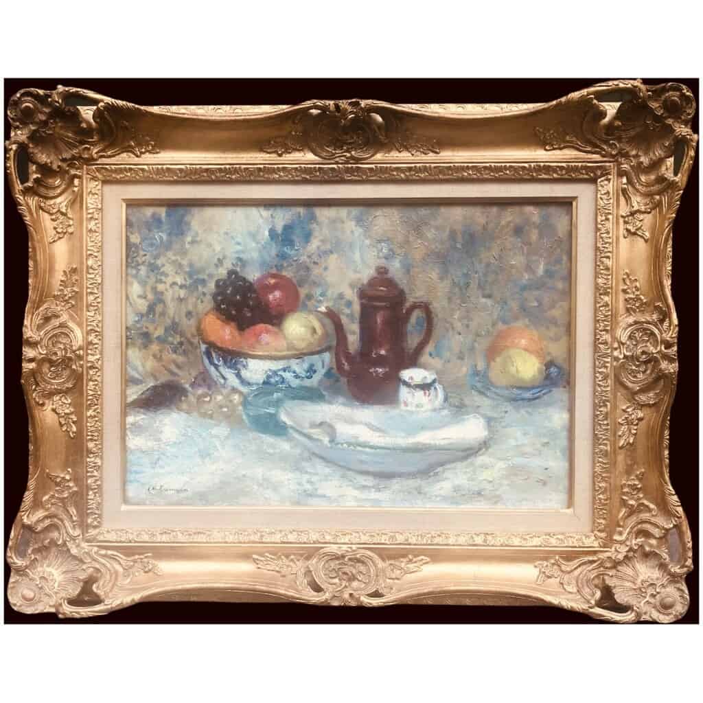 CAMOIN Charles Peinture 20è siècle Nature morte Coupe de fruits et cafetière Huile sur toile signée 4