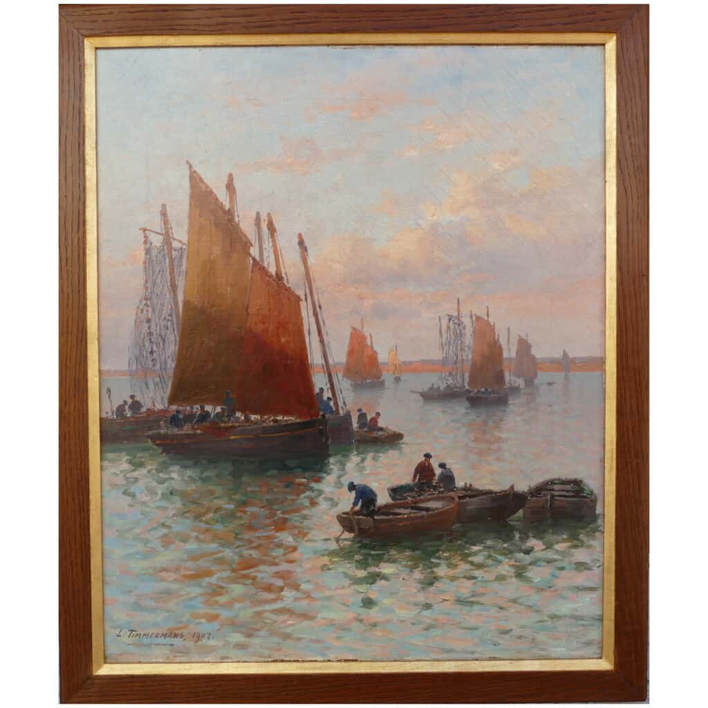 Timmermans Louis Ecole Française 19è Marine Barques Sardinières Huile Sur Toile Signée datée 12