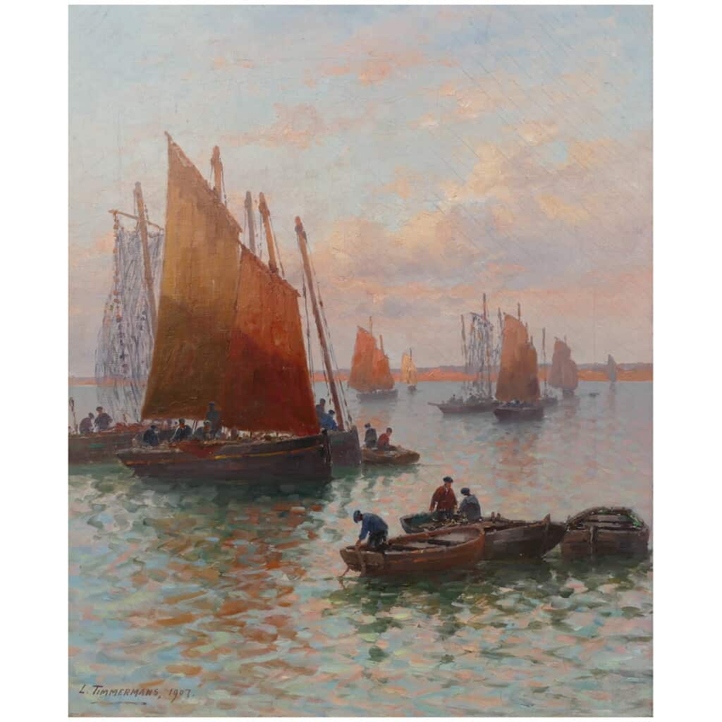 Timmermans Louis Ecole Française 19è Marine Barques Sardinières Huile Sur Toile Signée datée 13