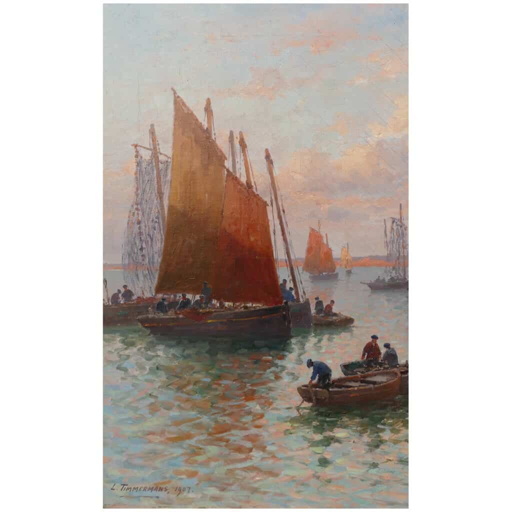 Timmermans Louis Ecole Française 19è Marine Barques Sardinières Huile Sur Toile Signée datée 14