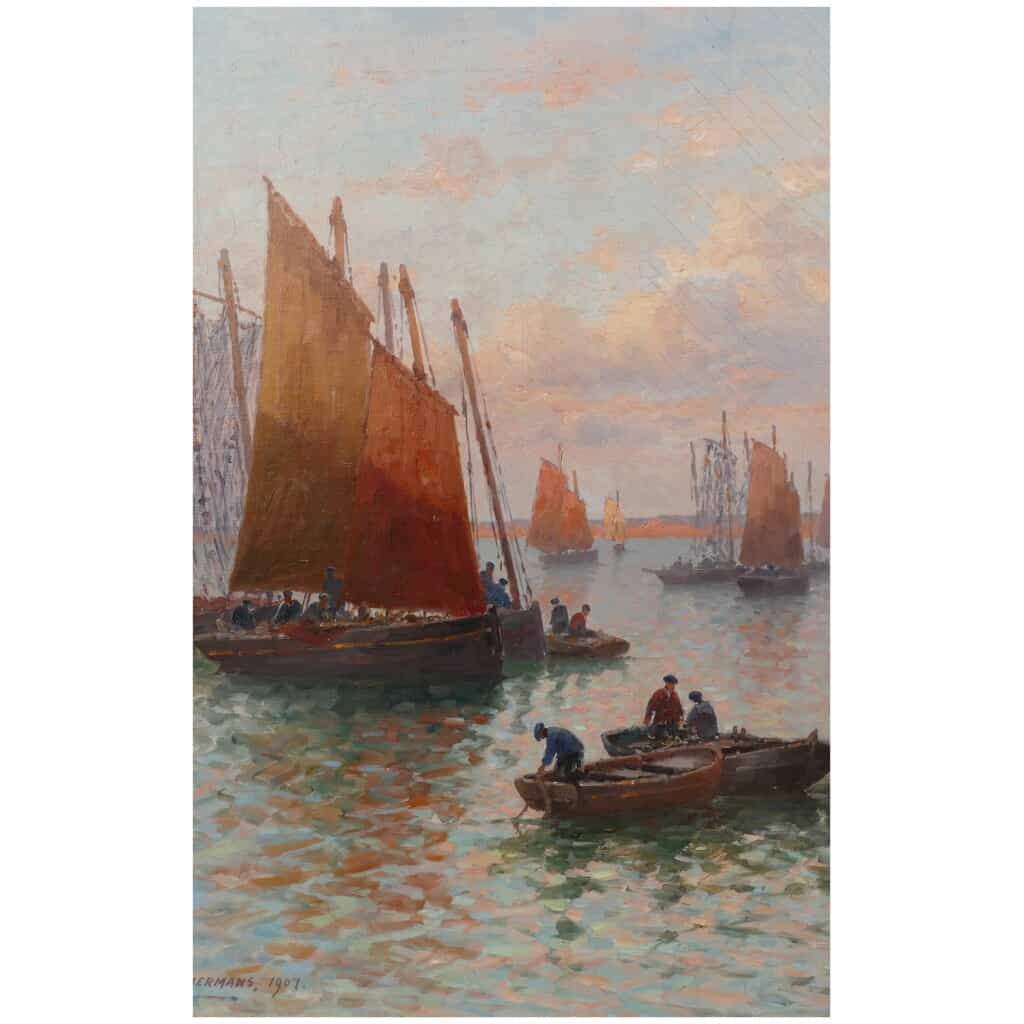 Timmermans Louis Ecole Française 19è Marine Barques Sardinières Huile Sur Toile Signée datée 9