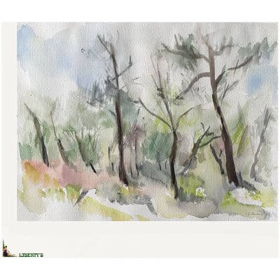 Watercolor "Forest" signed Ch. Beroux, 40 cm x 30 cm, (1987)