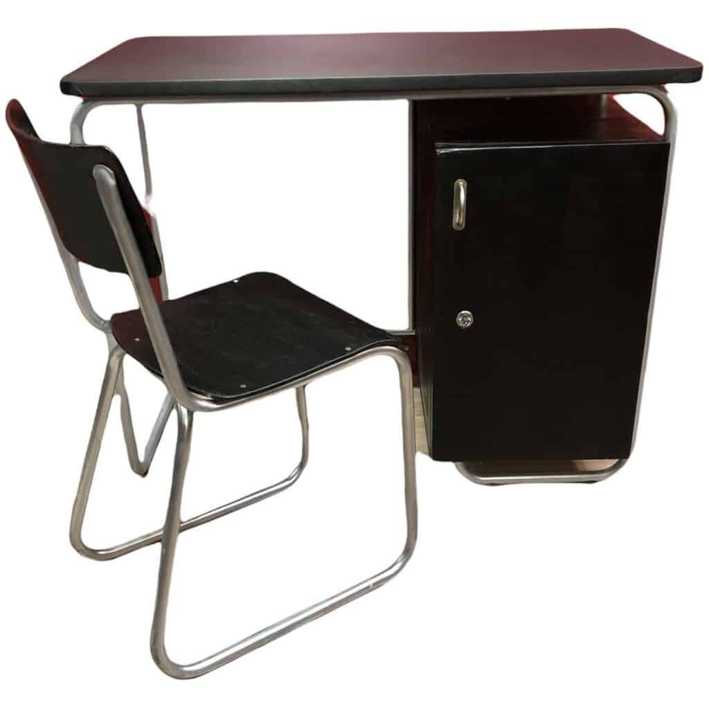 BAUHAUS style desk in painted wood and tubular metal legs, top covered with black imitation leather 3