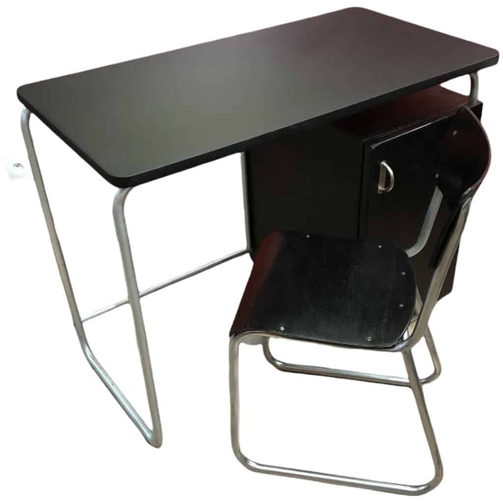 BAUHAUS style desk in painted wood and tubular metal legs, top covered with black imitation leather 5