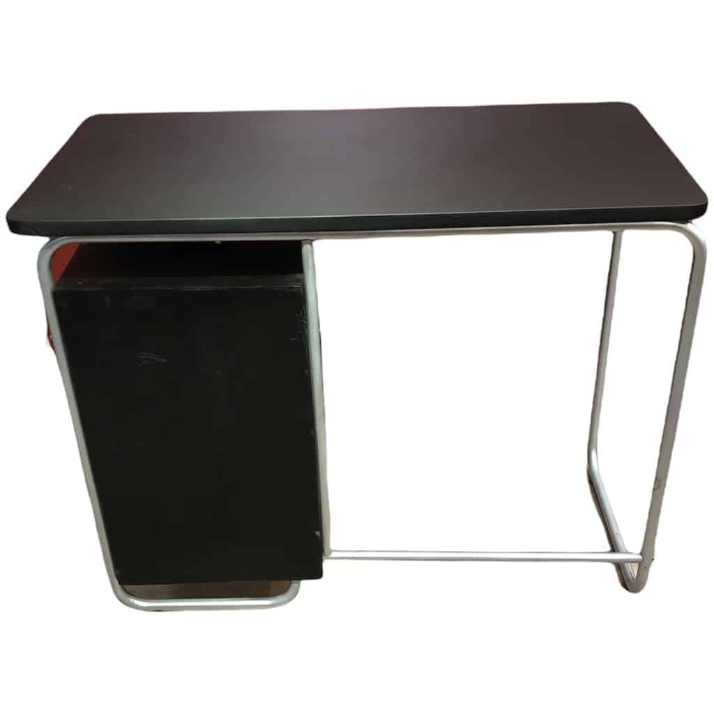 BAUHAUS style desk in painted wood and tubular metal legs, top covered with black imitation leather 4