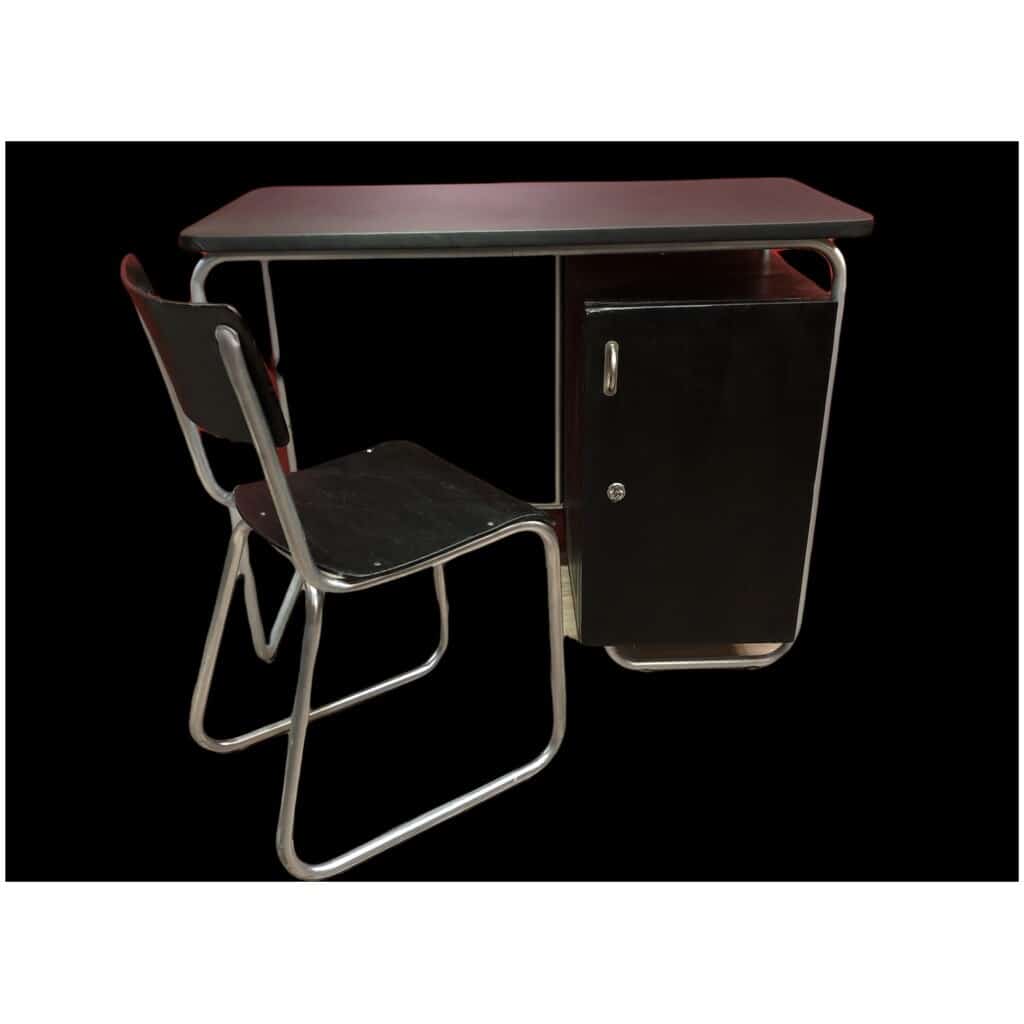 BAUHAUS style desk in painted wood and tubular metal legs, top covered with black imitation leather 9