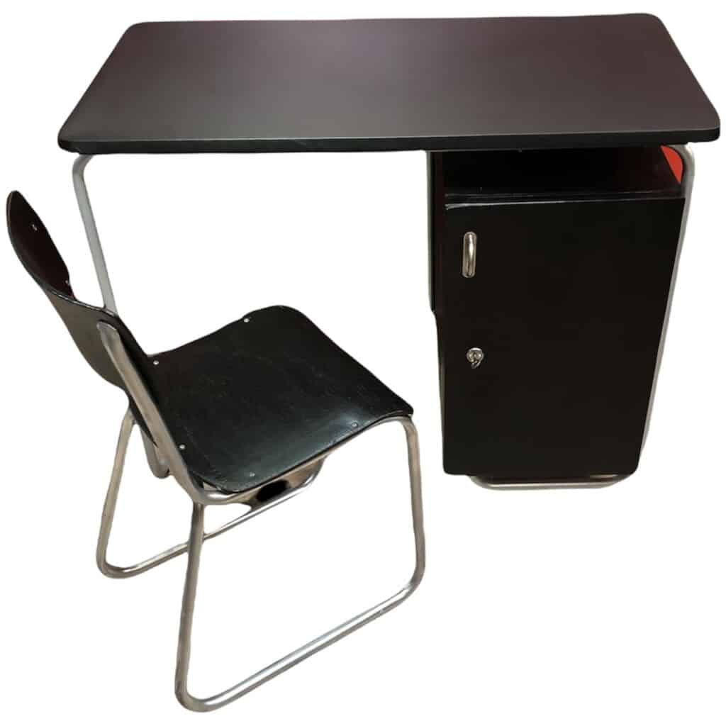 BAUHAUS style desk in painted wood and tubular metal legs, top covered with black imitation leather 8