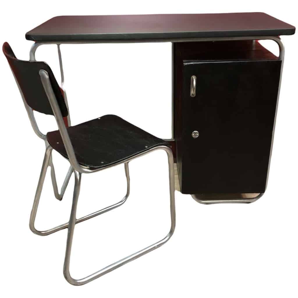 BAUHAUS style desk in painted wood and tubular metal legs, top covered with black imitation leather 7