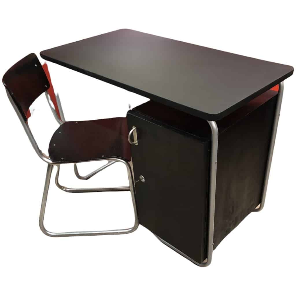 BAUHAUS style desk in painted wood and tubular metal legs, top covered with black imitation leather 6