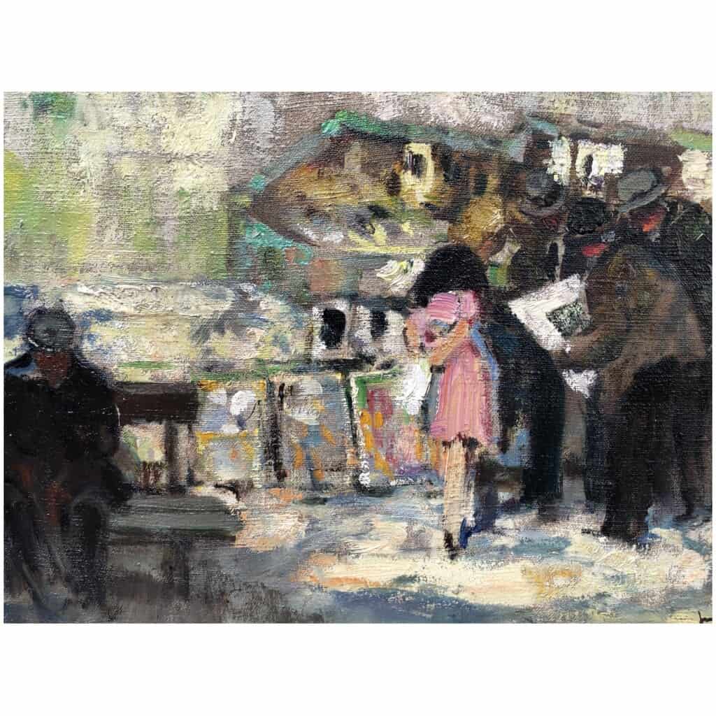 HERVE Jules Painting 20th century Booksellers in front of Notre Dame de Paris Oil on canvas signed 8