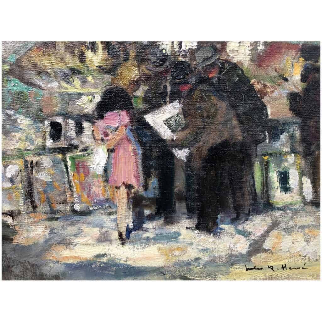 HERVE Jules Painting 20th century Booksellers in front of Notre Dame de Paris Oil on canvas signed 7