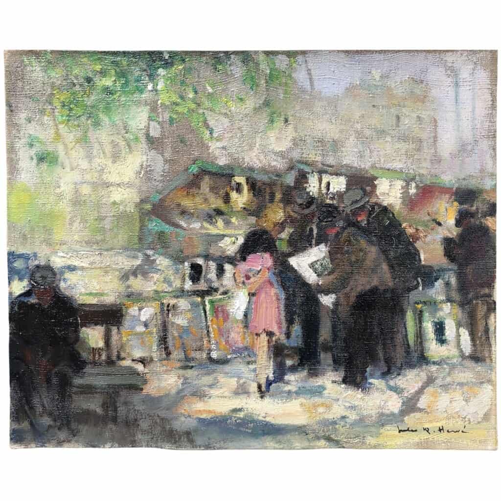HERVE Jules Painting 20th century Booksellers in front of Notre Dame de Paris Oil on canvas signed 11
