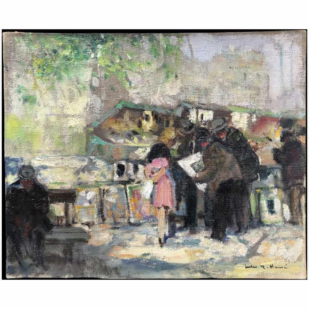 HERVE Jules Painting 20th century Booksellers in front of Notre Dame de Paris Oil on canvas signed 12