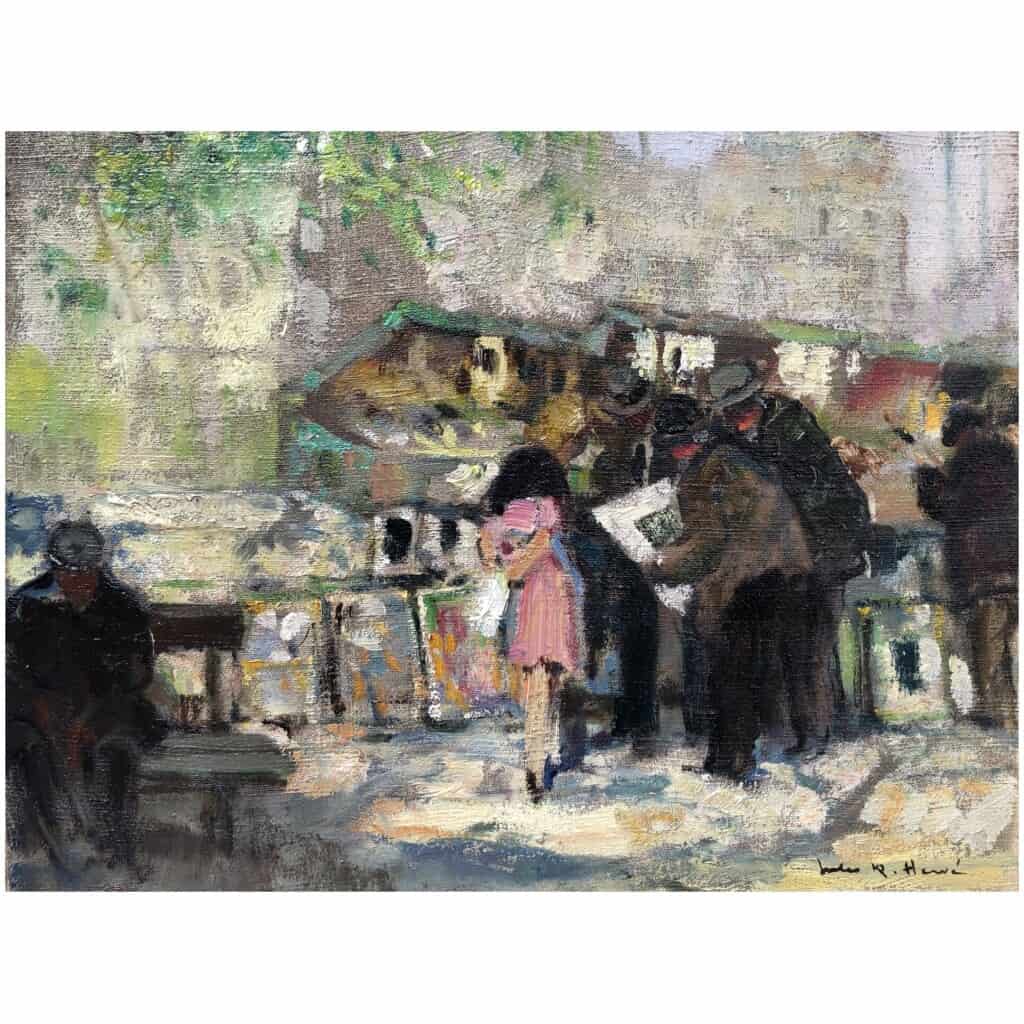 HERVE Jules Painting 20th century Booksellers in front of Notre Dame de Paris Oil on canvas signed 13