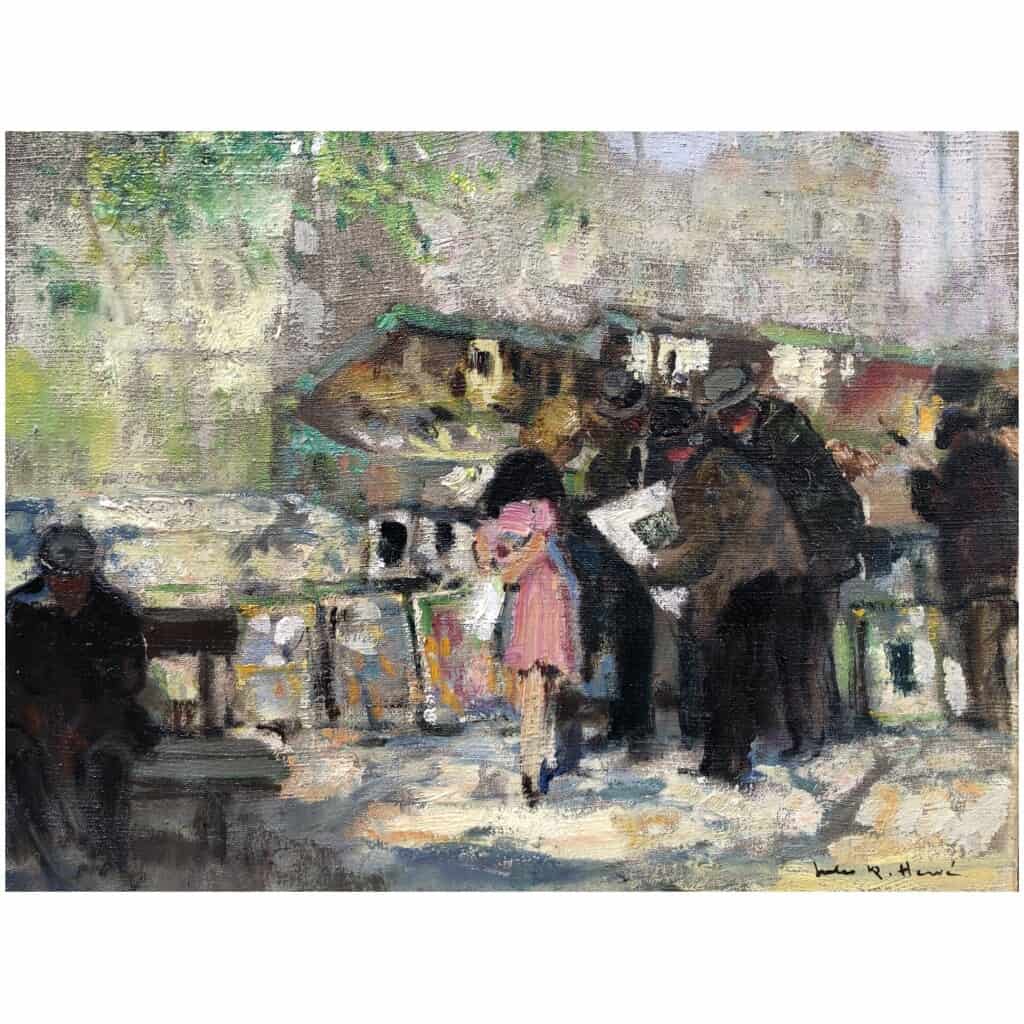 HERVE Jules Painting 20th century Booksellers in front of Notre Dame de Paris Oil on canvas signed 14