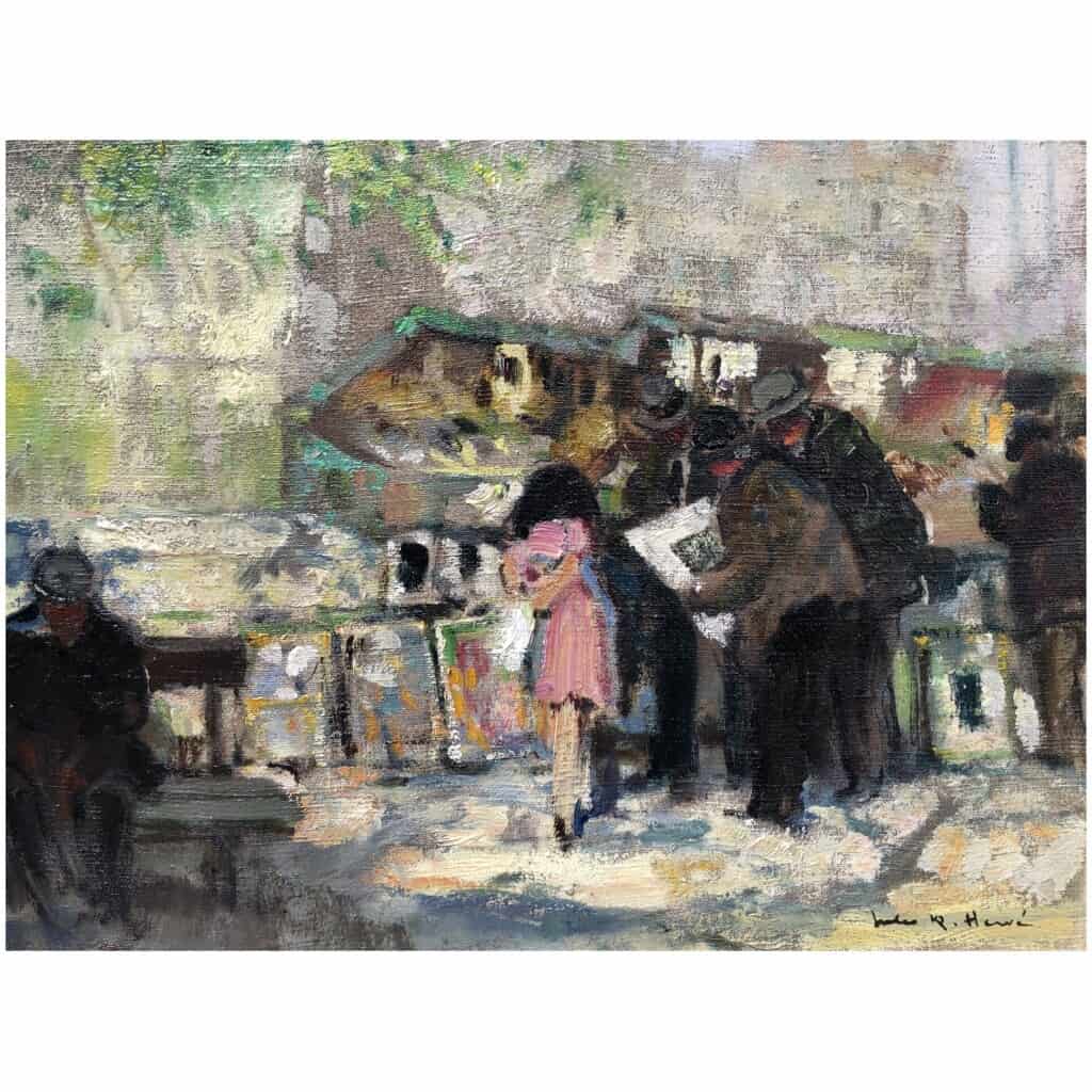 HERVE Jules Painting 20th century Booksellers in front of Notre Dame de Paris Oil on canvas signed 15