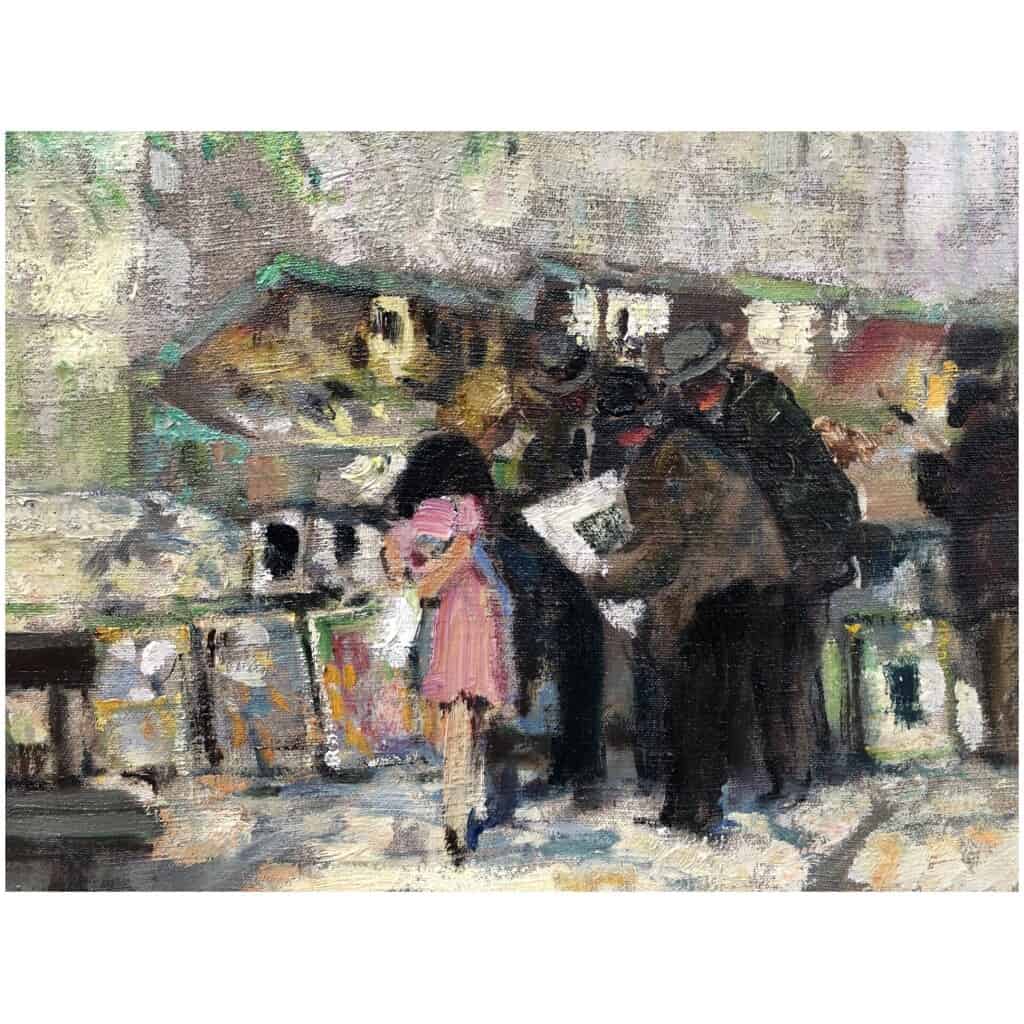 HERVE Jules Painting 20th century Booksellers in front of Notre Dame de Paris Oil on canvas signed 10