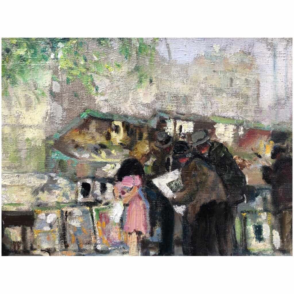 HERVE Jules Painting 20th century Booksellers in front of Notre Dame de Paris Oil on canvas signed 9