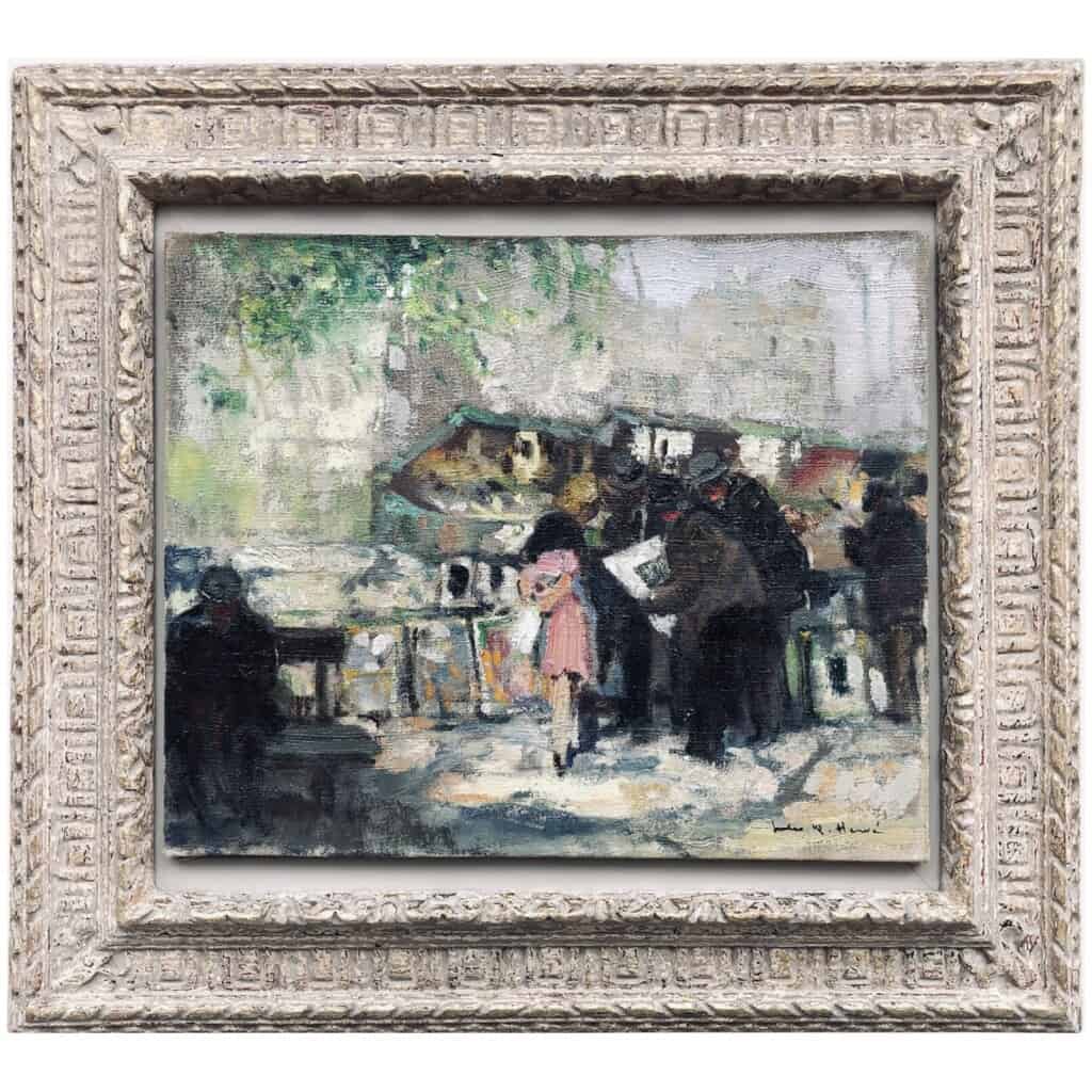 HERVE Jules Painting 20th century Booksellers in front of Notre Dame de Paris Oil on canvas signed 5