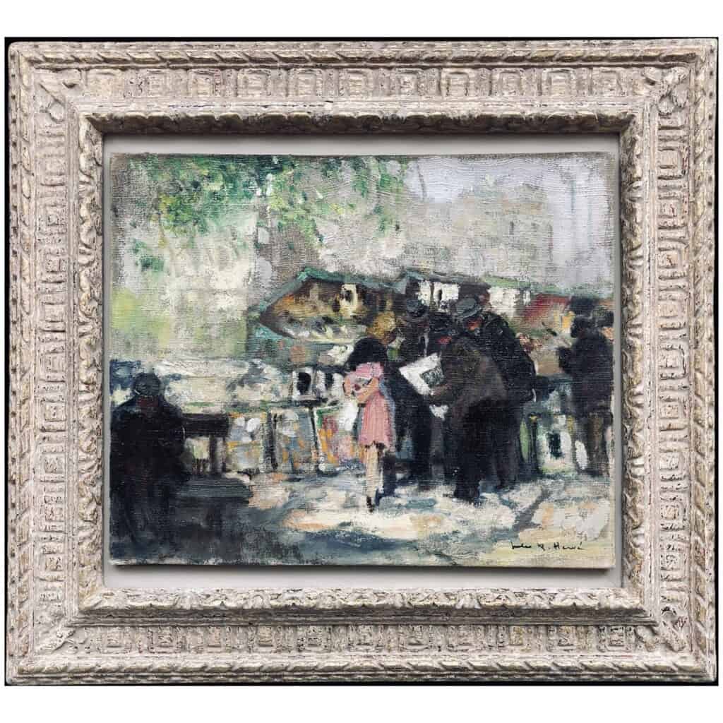 HERVE Jules Tableau 20è siècle Bouquinistes devant Notre Dame de Paris Huile sur toile signée 3