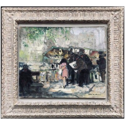 HERVE Jules Tableau 20è siècle Bouquinistes devant Notre Dame de Paris Huile sur toile signée