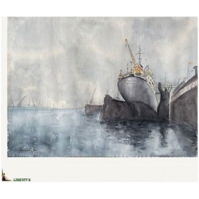 Watercolor "Hamburg le Deck" signed Ch. Beroux, 40 cm x 30 cm, (1982)