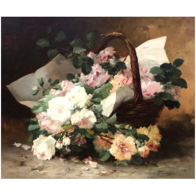 CAUCHOIX Eugène Bouquet de roses dans un panier huile sur toile signée