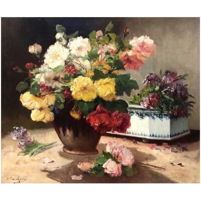 CAUCHOIX Eugène Bouquet of roses and its planter oil on canvas signed
