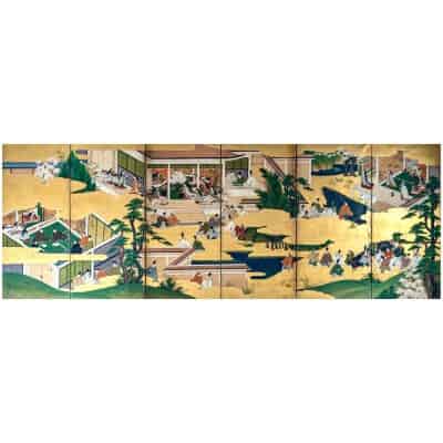 Japanese screen with 6 panels decorated with a palace scene
