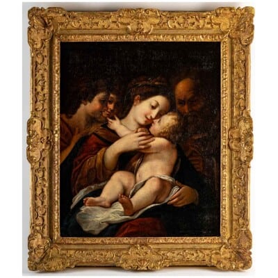 Vierge à l’enfant entourée d’anges et de saint Joseph.