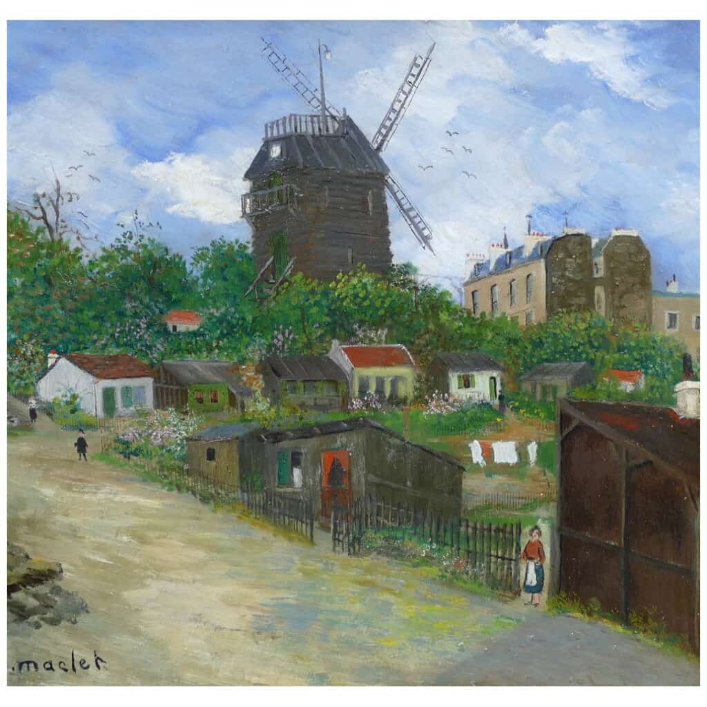 Elisée MACLET Tableau Français 20ème siècle Paris Montmartre Moulin de La Galette Le maquis Huile Signée 6