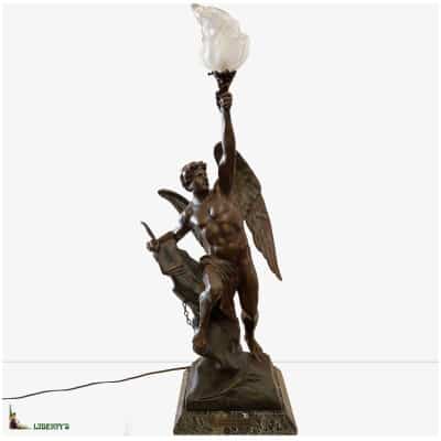 Large electrically mounted spelter subject "The Human Genius" on a green marble base signed E. Picault, electrically mounted, top. 91 cm, (Deb. 3th) XNUMX