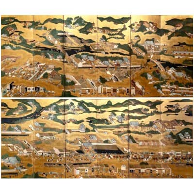 Rare paire de paravents japonais de scènes dans et hors de Kyoto – Rakuchu Rakugai zu