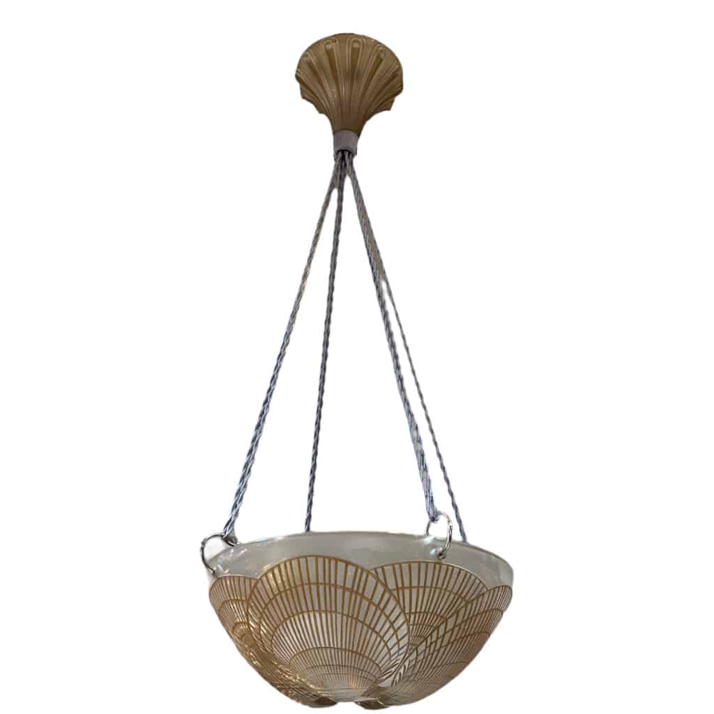1921 René Lalique – Suspension Plafonnier Lustre Coquilles Verre Blanc Patiné Sépia 6