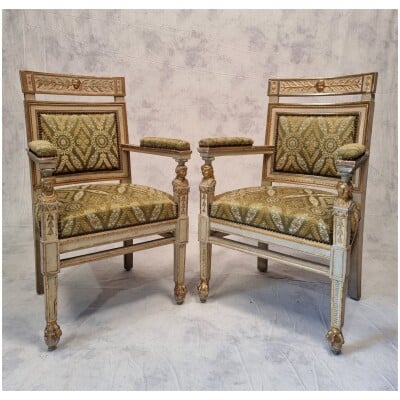 Pair of Empire period armchairs - Carved, molded and patinated wood - 19th