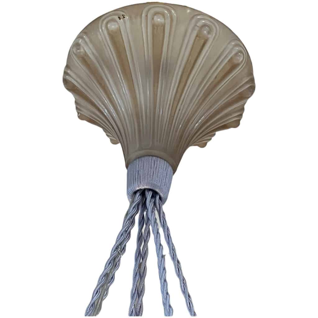 1921 René Lalique – Suspension Plafonnier Lustre Coquilles Verre Blanc Patiné Sépia 8