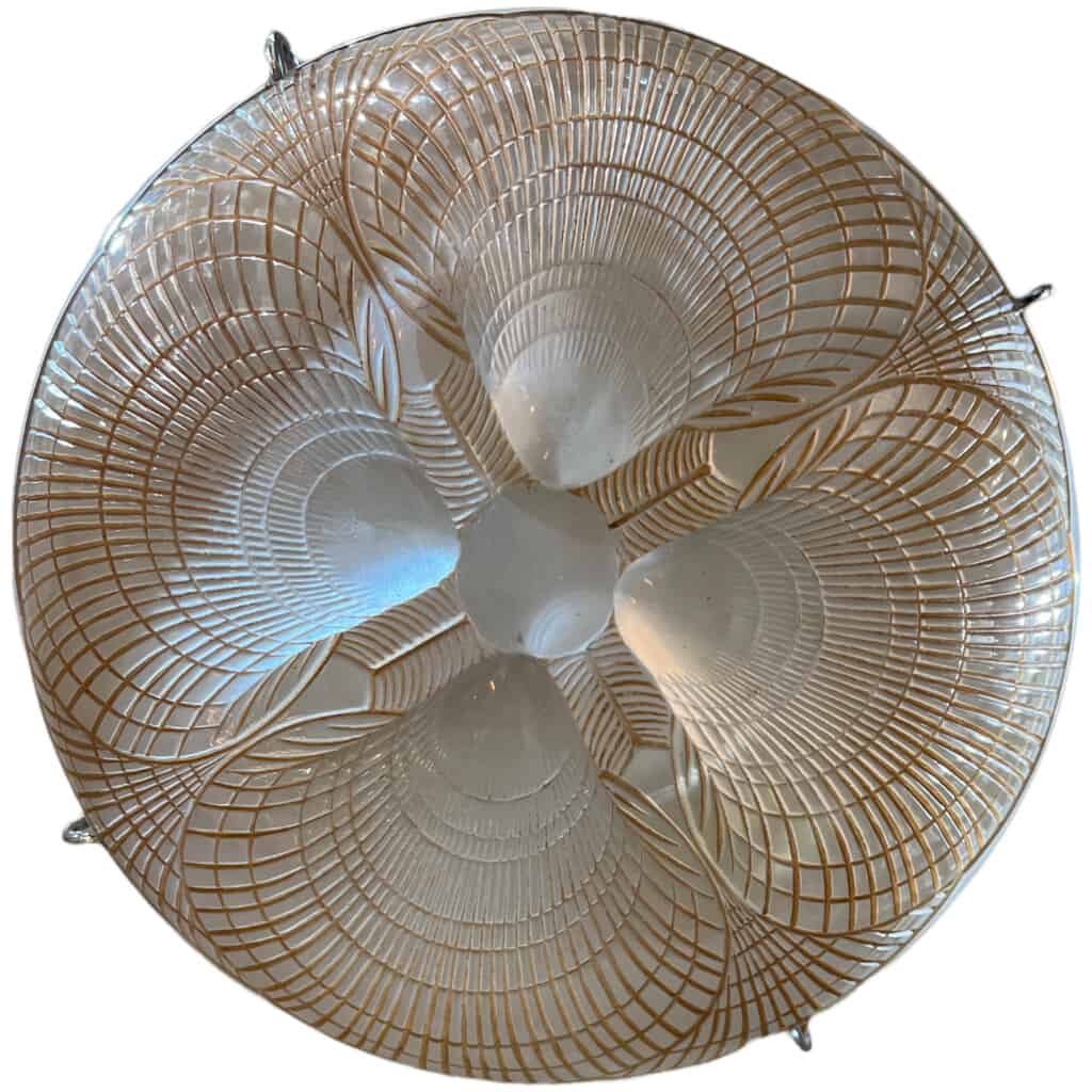 1921 René Lalique – Suspension Plafonnier Lustre Coquilles Verre Blanc Patiné Sépia 7