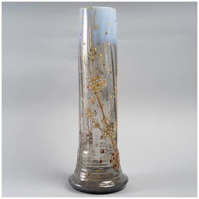 Emile Gallé – Vase Cristallerie Verre Gris Et Opalescent Emaillé Chardons Et Symphorines