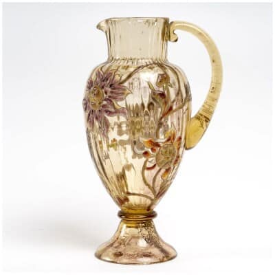 Emile Gallé – Pitcher Jug Dahlias Yellow Brown Glass Cleared With Acid And Enamelled