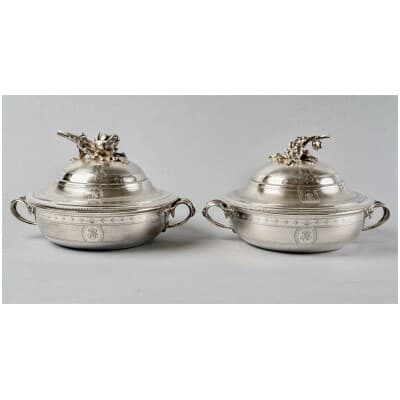 Christofle – Pair Vegetable Soup Tureens Sterling Silver Guilloché