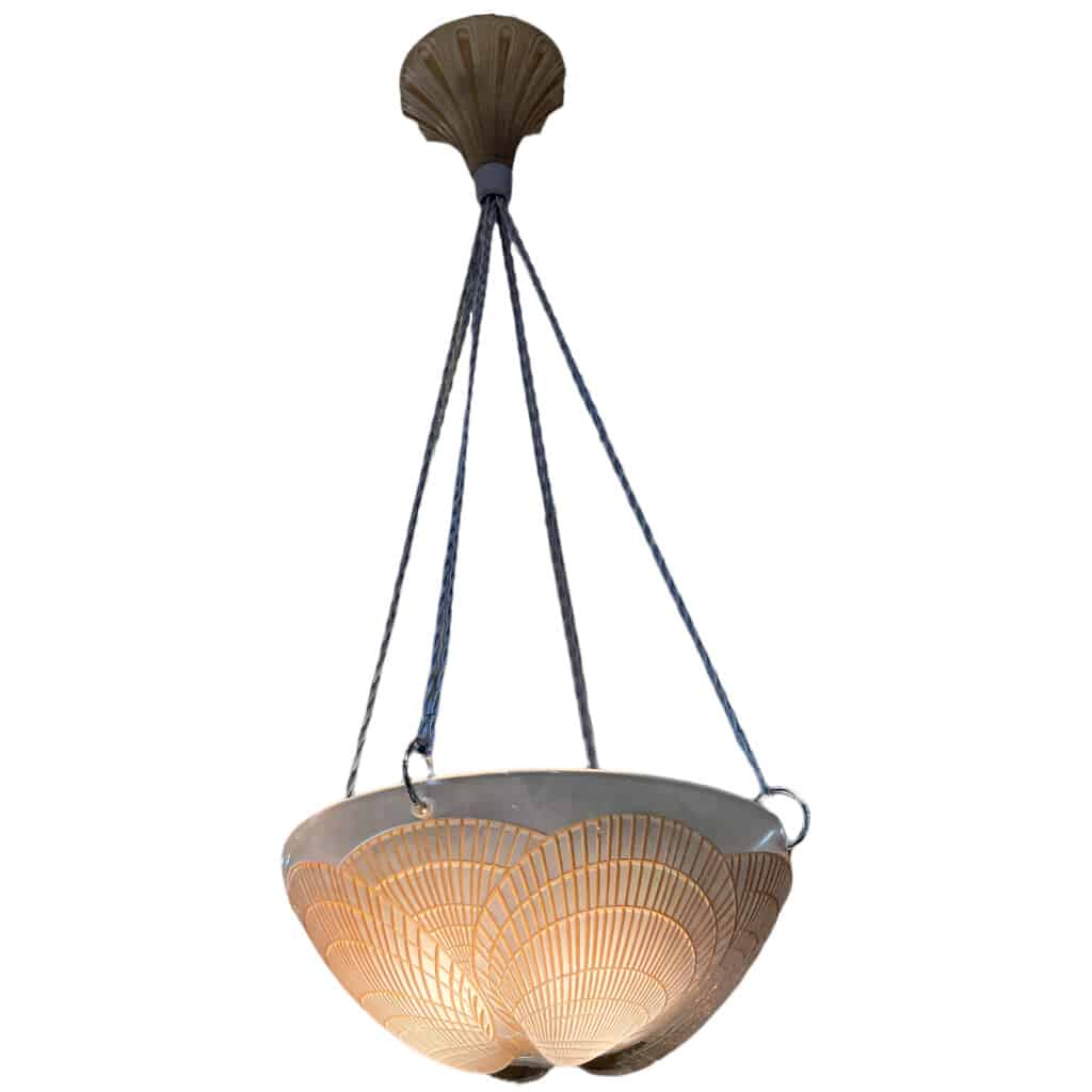 1921 René Lalique – Suspension Plafonnier Lustre Coquilles Verre Blanc Patiné Sépia 4