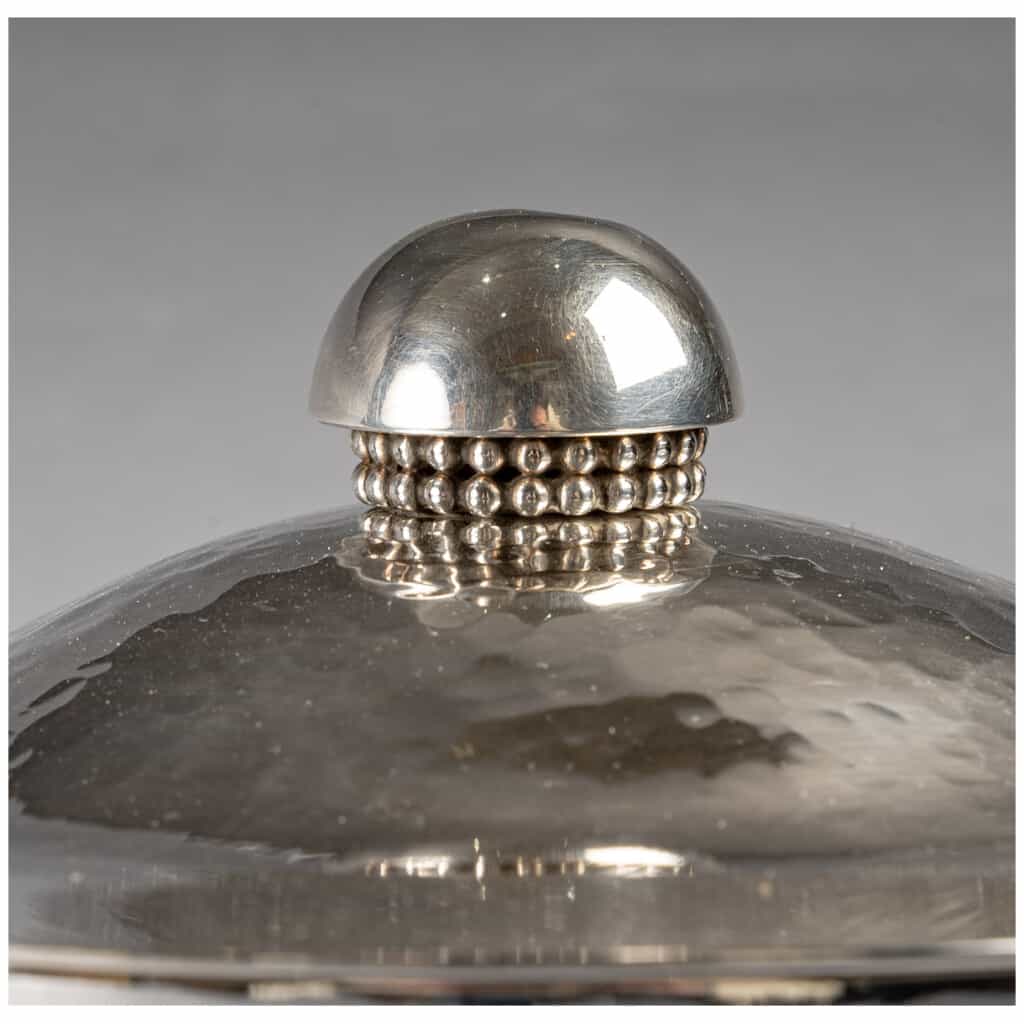 Jean Desprès – Centre De Table Soupière Métal Argenté Martelé Perlé 7