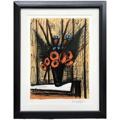 BUFFET Bernard Still life with vase of poppies and anemones Color lithograph justified 3