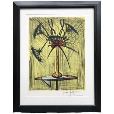 BUFFET Bernard Still life with a vase of flowers on a pedestal table Justified color lithograph