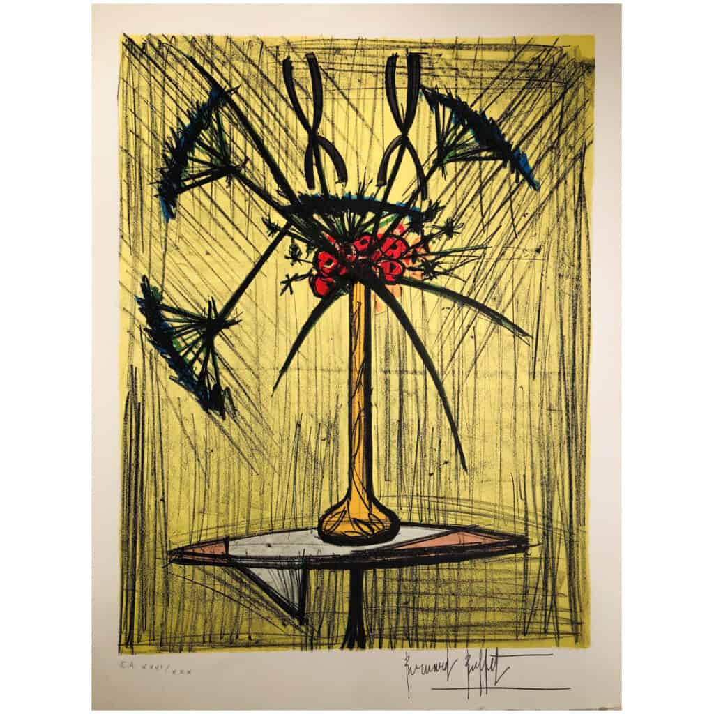 BUFFET Bernard Still life with a vase of flowers on a pedestal table Justified color lithograph 6