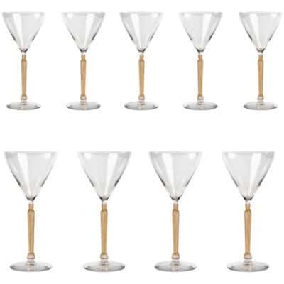 1921 René Lalique Suite Of 9 Clos Sainte Odile Glasses White Crystal Patinated Sepia Lalique France