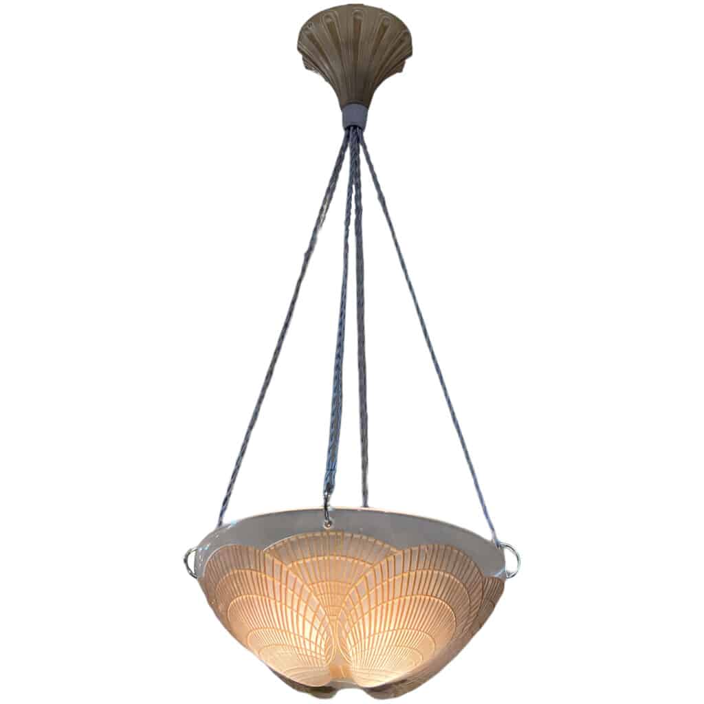 1921 René Lalique – Suspension Plafonnier Lustre Coquilles Verre Blanc Patiné Sépia 3